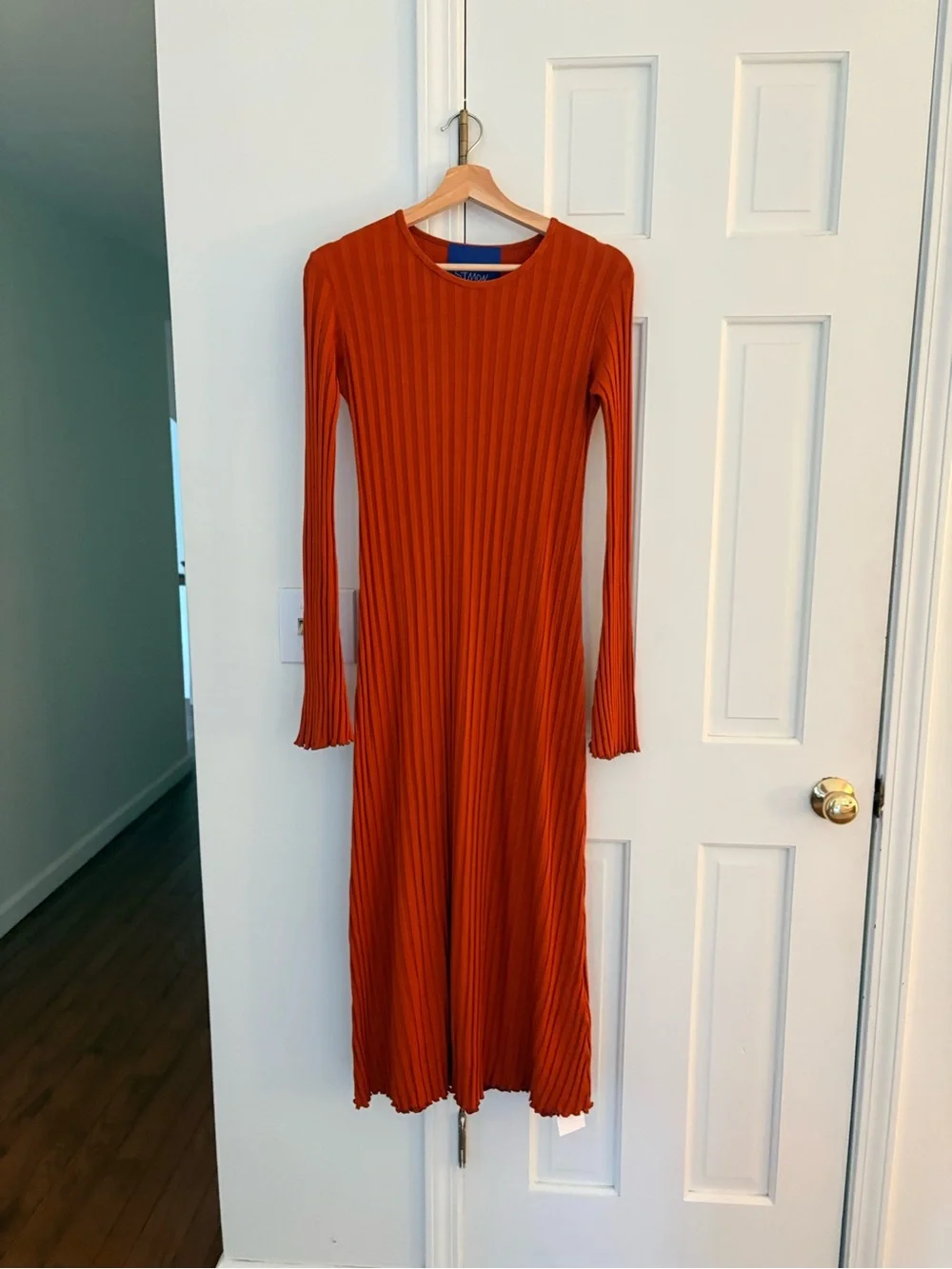 Simon Miller Orange Ribbed Long-Sleeve Midi Dress